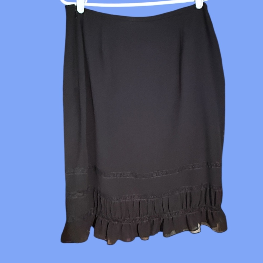 Apostrophe Black Midi Sheer A-Line Skirt Ruffle Lace Trim Lined Career Party 12